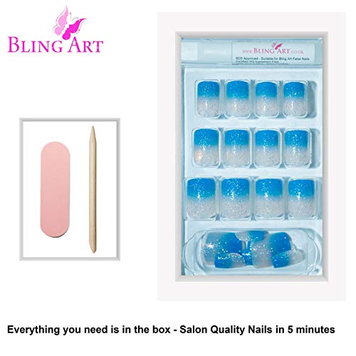 False Nails Bling Art French Fake Blue Be My Baby Squoval 24 Acrylic Medium Tips