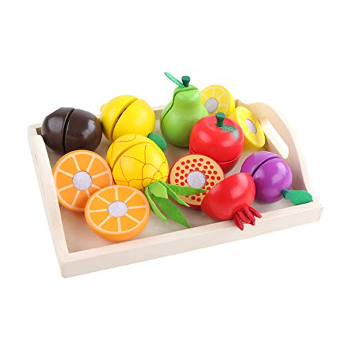 GEMEM Wooden Fruit Cutting Food Toys, Pretend Play Kitchen Set Velcro Wood Fruit Early Educational Development Play Food for 3, 4, 5, 6 Year Old Kids , Boys, Girls