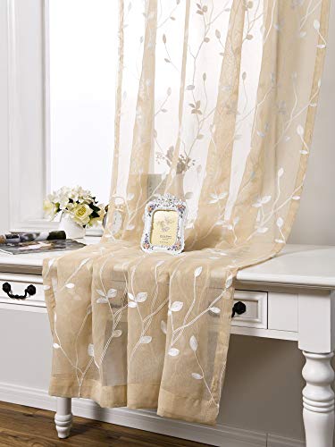 AmHoo Floral Leaf Embroidery Semi Sheer Curtain Rod Pocket Voile Sheer Curtains Set of 2 for Living Bedroom Window Treatment (Linen, 53 x 63) - Thumbnail 3