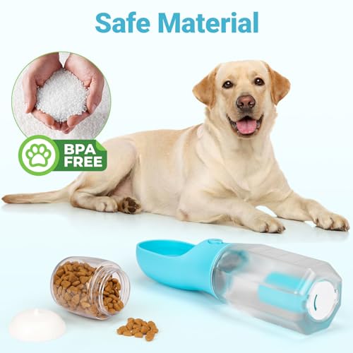 Zivacate Dog Water Bottle, 600 ml Travel Bottle for Dogs, Multifunctional Outdoor Water Dispenser for Dogs and Cats with 100 g Food Container and Poop Bag