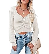 PRETTYGARDEN Women’s Chic V Neck Long Sleeve Knit Ruched Tops Ribbed Off Shoulder Crop Pullover S...