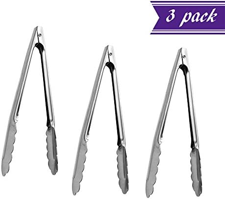(Set of 3) Stainless Steel Utility Tongs 7-Inch, Heavy Duty Small Kitchen Tong with Scalloped Gripping Edge, Metal Serving Tongs
