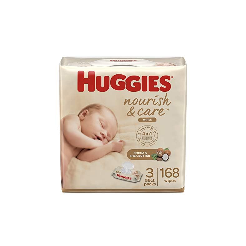 Baby Wipes, Scented, Huggies Nourish & Care Baby Diaper Wipes, 56 Count, Pack of 3 Flip-Top Packs (168 Wipes Total)