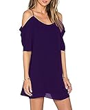 Women's Chiffon Cut Out Cold Shoulder Trumpet Sleeve Spaghetti Strap Dress Top Purple Small