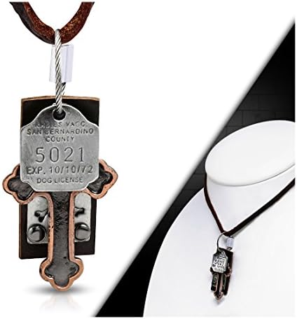 Fashion Alloy 3-tone Pirate Skull Crossbones Tag Charm Brown Genuine Leather Biker Necklace Length: 37"