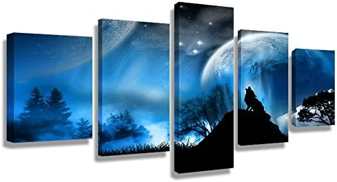 5 Panel Wall Art Painting Wolf Howled Under the Moon The Picture Print On Canvas Landscape Pictures For Home Decor Decoration Gift(60"W x 32"H, Framed) CrmArt