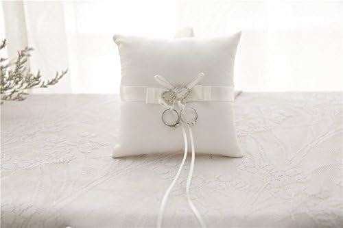 KUPARK Double Heart Rhinestone Bridal Wedding Ring Bearer Pillow Cushion Ivory 15x15cm