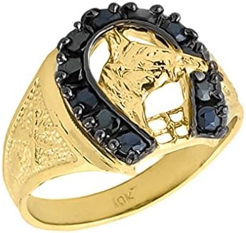 Men's Solid 10k Yellow Gold Lucky Horseshoe Ring with Black Onyx