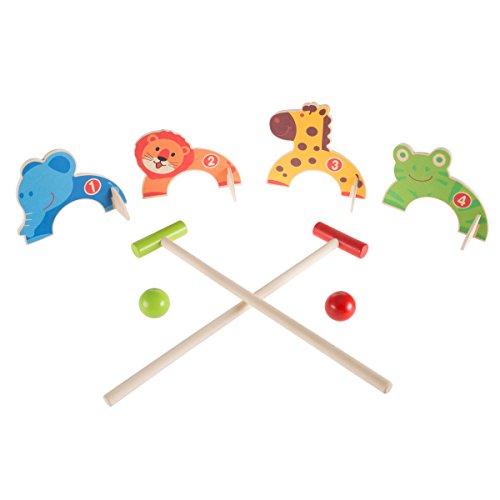 Hey!Play! Kids Animal Croquet Set- Mini Croquet Playset with 4 Wooden Zoo Animal Design Wickets and 2 Mallets-Fun Classic Game for Boys and Girls