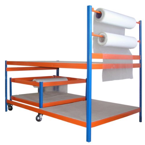 Profi-Verpackungsstation 2, HxBxT: 150x180x120 cm, 300 KG/Holzboden, inkl. Rollwagen 55x80x120 cm, blau/orange (Packtisch Rollenhalter Arbeitstisch Werktisch) – Bild 3