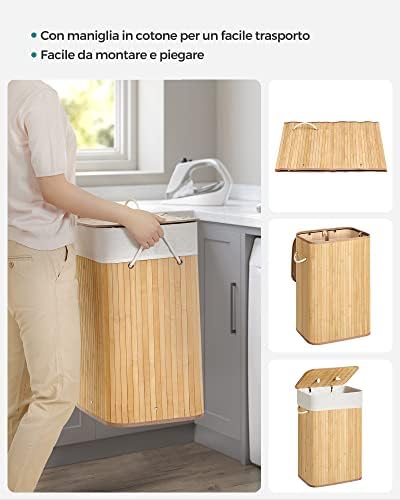 Cesta Portabiancheria con Coperchio, 72 L, Cesto Porta Biancheria in Bamb? Pieghevole, Sacco Rimovibile e Lavabile in Lavatrice, Maniglie, Lavanderia Camera, Naturale LCB10Y