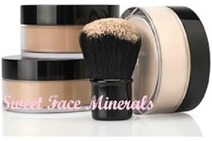SWEET FACE MINERALS 4pc FULL SIZE KIT (BEIGE) w/KABUKI Mineral Makeup Matte Loose Powder Bare Face Cosmetics Full Coverage Long Lasting All Skin Types SPF 18