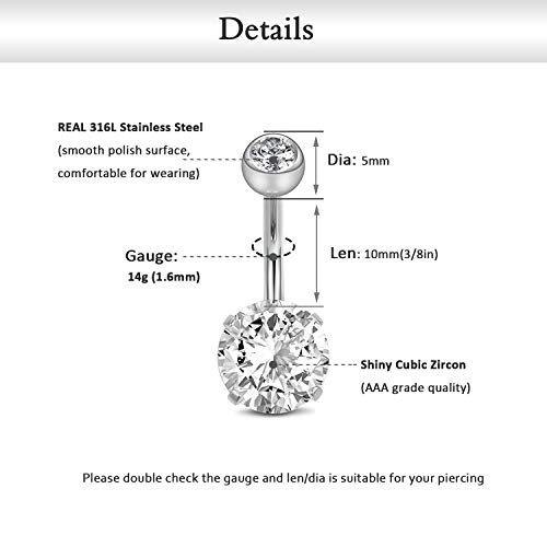 FECTAS 14g Belly Button Rings Surgical Steel CZ with Retainers Navel