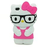 3d Cute Hello Kitty Cat Soft Silicone Rubber Gel Case Cover Skin for Apple Iphone 4 4s 4g (glasses/Hot Pink)