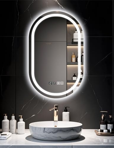 SAGIWO Espejo de Baño LED 50 * 70 cm, Espejo Inteligente Antivaho Ovalado, con Luz Ajustable en 3 Colores, Función de Hora, Instalación Vertical/Horizontal
