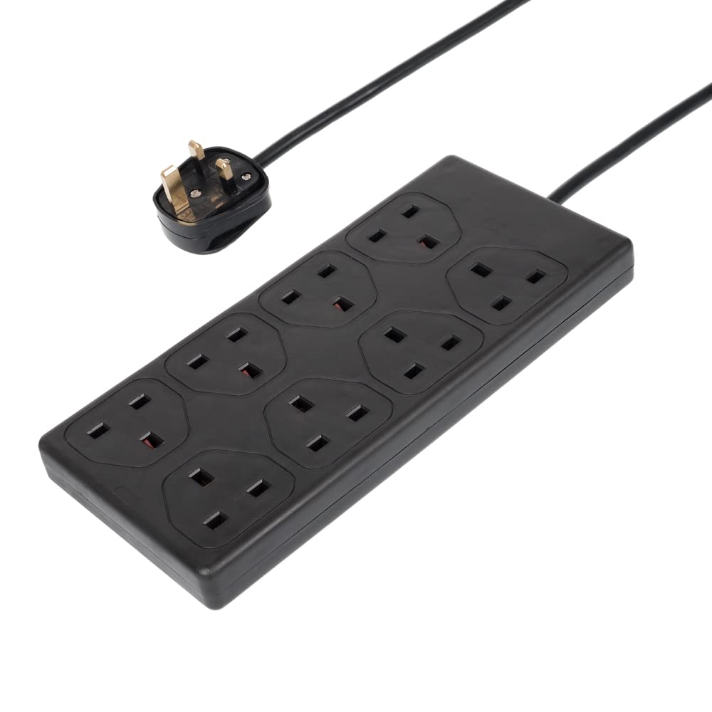 Invero® 8 Way Gang Power Mains Extension Lead 1M Metre Cable British Approved 13A Amps - Black