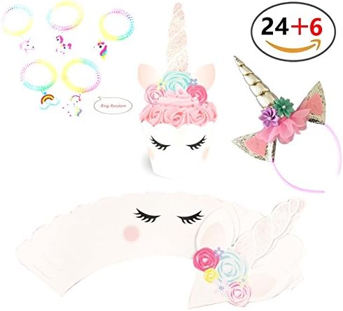 stbeyond Unicorn cupcake Toppers and Wrappers - 24 pack Unicorn Cupcake Toppers and Wrappers + 5 pack Colorful Flexible Spiral Coil Wristband +1 pack Unicorn Headband