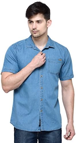 LA Seven Men's Cotton Solid Half Sleeves Slim Fit Denim Shirt