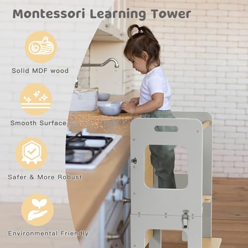 labebe Montessori Tower for Children, Folding Learning Tower with Blackboard, Multifunction 3 in 1 Learning Tower, Tower from 1 Year (Grau)