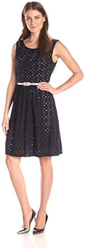Connected Apparel Women's Stretch Eyelette Party Dress with Belt, Navy/Mauve, 12