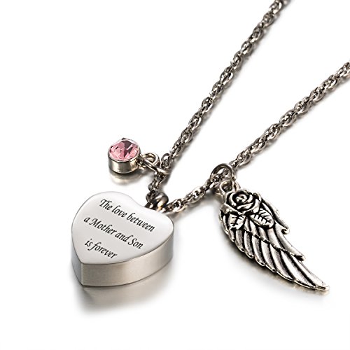 Glimkis Personalised Cremation jewelry for ashes love between mother& son is forever Birthstone urn necklaces,June(Engraved)