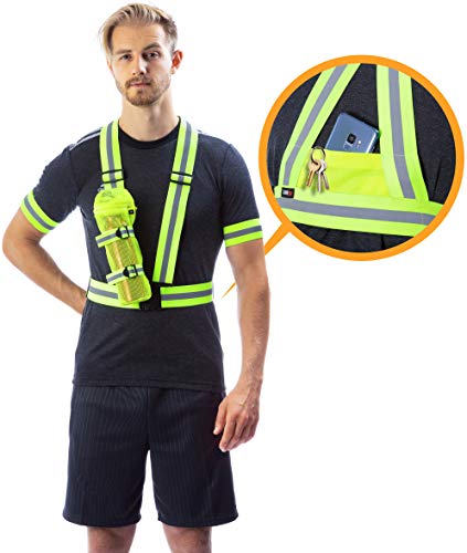 Reflective Comfortable Safety Gear for Running and Cycling with Back Pocket - Water Bottle Holder - Outdoor Reflector Arm Foot Band Set