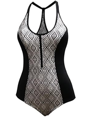 Womens Racerback Zip-Up One Piece Swimsuit White Black S