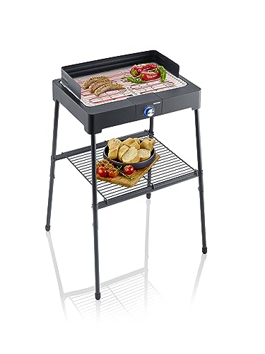SEVERIN Barbecue Elettrico con Supporto e Griglia in Acciaio Inox, Funzione Quick-Start, Grill da Balcone e Tavolo con Sistema Antiscottatura SafeTouch, 2200 W, Nero - PG 8566