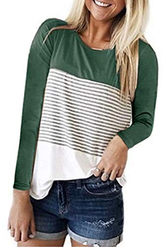 ALBIZIA Women's Long Sleeve Round Neck Triple Color Block Stripe T-Shirt M Green
