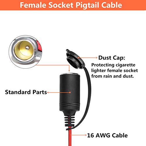 Cigarette Lighter Female Socket Pigtail Cable 1Ft Car Charger Power Cigar Female Socket Connector Cord with Dust Cap (4 Pcs Female Socket)