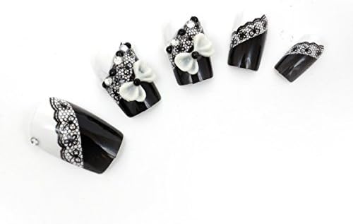 KeeNail Fake 3D Nails Short Black and White Lace Ribbon 12 Piece Set