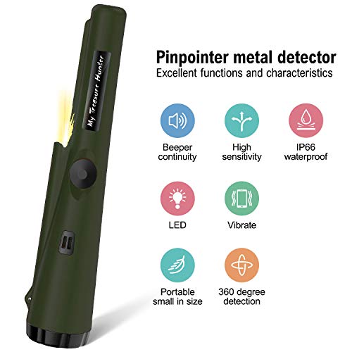 Metal Detector Pinpointer Water Resistant Gold Treasure Hunting Unearthing Tool Accessories with Buzzer Vibration for Kids Adults Bonus 2 Pack Battery and Belt Holster (Army Green)