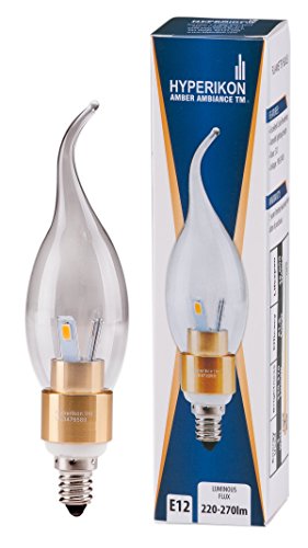 HyperikonÂ® LED Candle 3-Watt (30-Watt), Flame Tip Chandelier Bulb, Gold Housing, Candelabra Base (E12), 2700K (Warm GlowÂ®), 340Â°-Beam Angle, Dimmable, UL-Listed