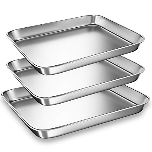 Toaster Oven Tray Pan, 3PCS Small Cookie Sheet Stainless Steel Baking Trays by BYkooc, Dishwasher Safe Oven Pans,Heavy Duty, Mirror Finish, Anti-rust,10&9&9 inch