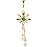 Pierced Owl 14GA Gold Plated Stainless Steel Light Green CZ Crystal Pot Leaf with Dangling Chains Belly Button Ring