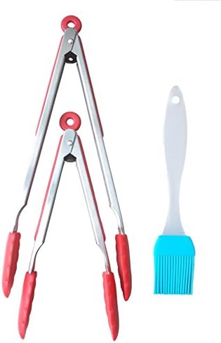 Premium 9½ and 12-Inch Stainless Steel Tongs Set With Silicone Handle &amp; Ends + Bonus Silicone Brush - KitchenInstrument Brand