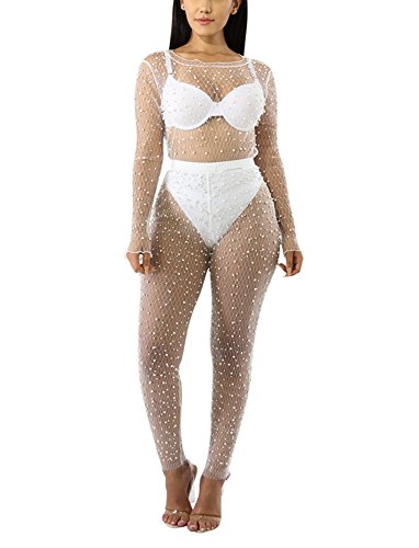 Choichic Women's Mesh Beaded 2 Pieces Outfits See Through Long Sleeve Top + Skinny Long Pants Small White
