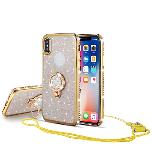 UEEBAI Case for iPhone Xs Max, Glitter Soft TPU Case with Shining Diamond 360 Degree Rotatable Ring Kickstand Ultra Slim Shockproof with Lanyard for iPhone Xs Max - Gold