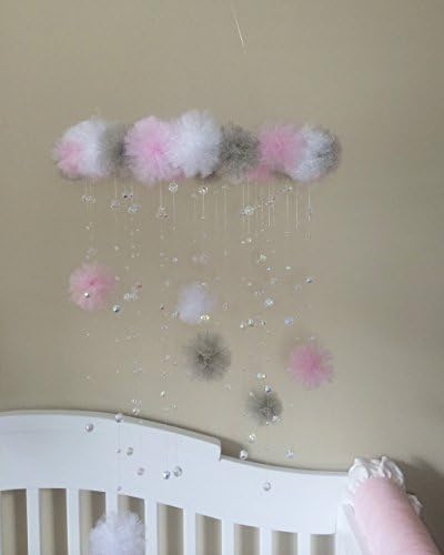 pink and grey pom pom crystal baby mobile