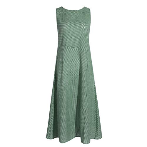 Women Cotton Linen Maxi Dress, Lady Stripe Loose Sleeveless Scoop Neck Flowy Casual Long Beach Dresses with Pockets (XX-Large, Green)