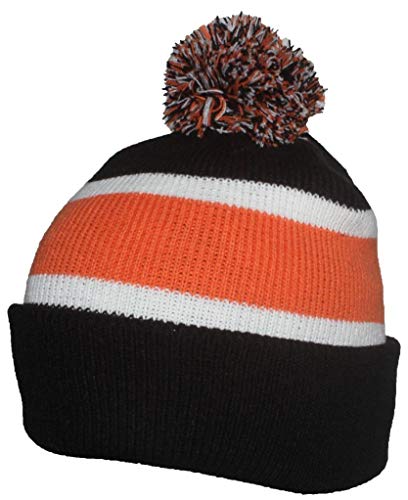 Best Winter Hats Quality Cuffed Cap with Large Pom Pom (One Size)(Fits Large Heads) - Black/Orange