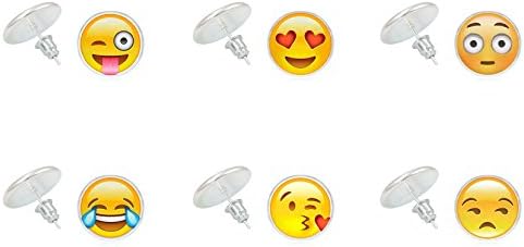Y&amp;M Women's Girl's Silver Plated Funny Emoji Face Stud Earrings Set with Gift Box - Assorted Amusing Smiley Emoticon Ear Stud (6 pack)
