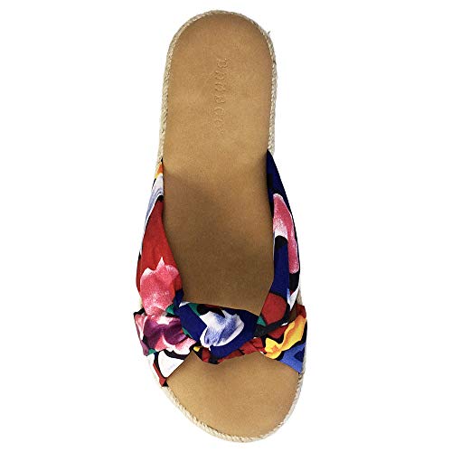 BAMBOO Women's Knotted Cross Band Espadrilles Platform Slide Sandal, Blue Printed Fabric, 5.5 B (M) US