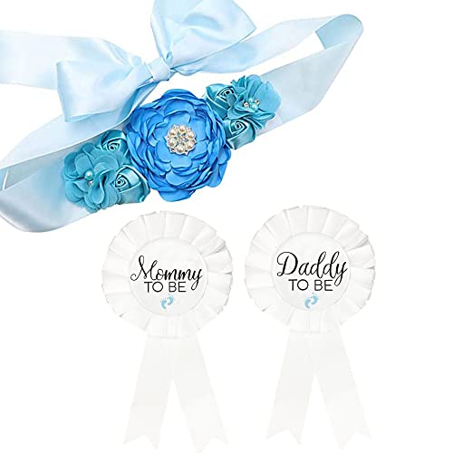 GDTO8820 CoolerthingsDG, 3pcs 2 badges and a belt Blue, Baby Blue Maternity Sash & Daddy to Be Corsage Set - Baby Shower Sash Baby Boy Pregnancy Sash Keepsake Baby Shower Flower Belly Belt
