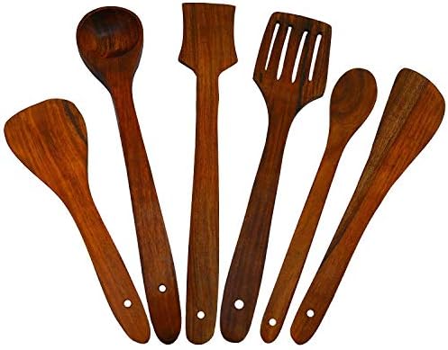 A K Handicrafts Non-Stick 1 Frying; 1 Serving; 1 Spatula; 1 Chapati Spoon; 1 Desert Wooden Multipurpose Serving and Cooking Spoon Set Kitchen Essentials Tools - Set of 6