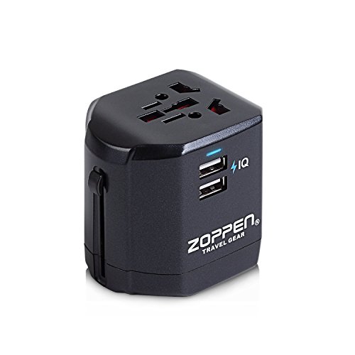 Zoppen International Travel Adapter Dual-USB Charging Port Wall Charger, All-in-one Universal Plug (US UK EU AU/CN) w/ Worldwide Outlet / Schuko & AC Socket - Safety Fuse and Surge Protector, Black