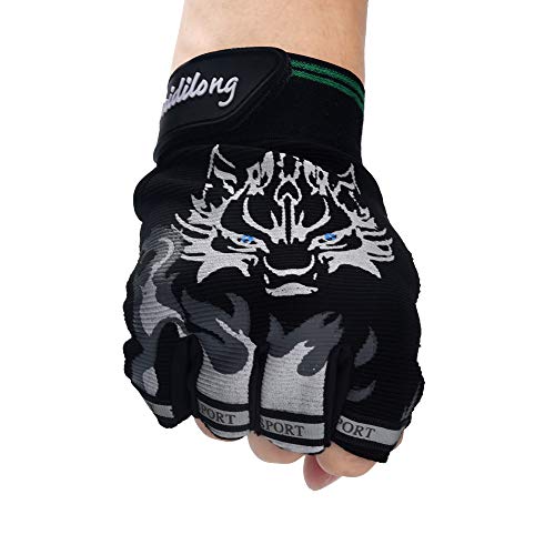 NRUTUP Antiskid Cycling Bike Gym Fitness Sports Breathable Wolf Head Gloves (Black,L)
