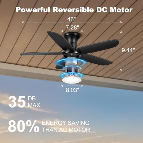 Ohniyou Ventilador de techo empotrable de 46 pulgadas con luces, control remoto/APP, luz regulable, motor DC silencioso, ventiladores de techo de interior para dormitorio cocina, negro