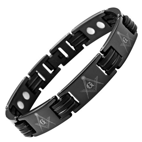 MasonicMan Mens Black Magnetic Titanium Masonic Bracelet in Velvet Gift Box + Free Link Removal Tool