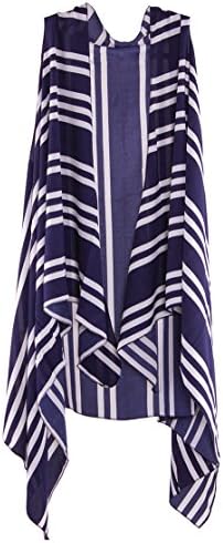 Women's Fashion Beachwear Sleeveless Vest Cardigan Print Chiffon Cover Up (Stripe Navy)